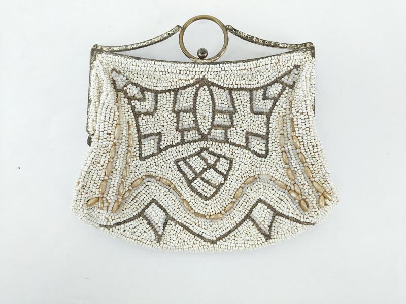 Vintage Art Deco Belt Purse Clutch Beaded White Metallic