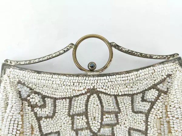 Vintage Art Deco Belt Purse Clutch Beaded White Metallic