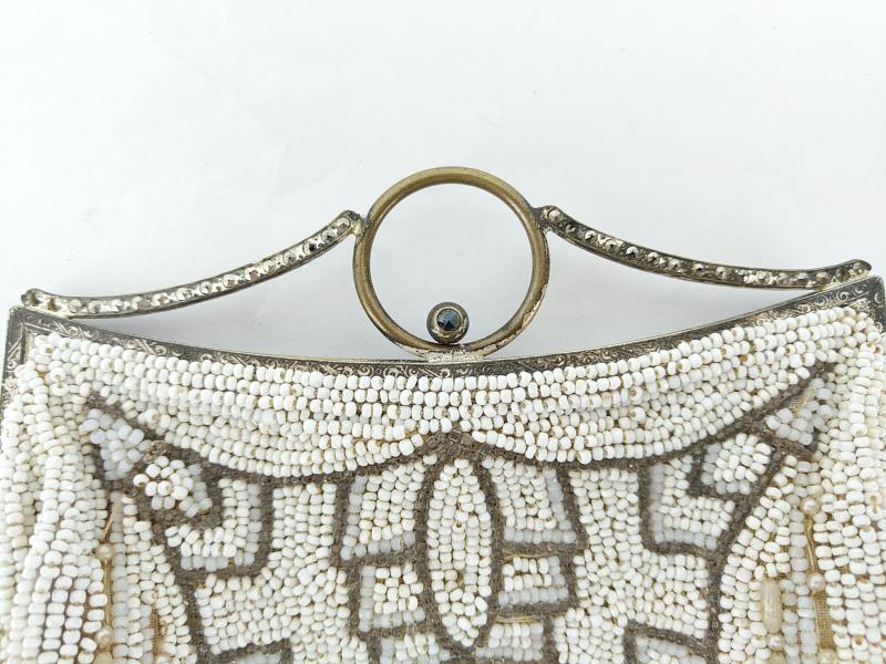 Vintage Art Deco Belt Purse Clutch Beaded White Metallic
