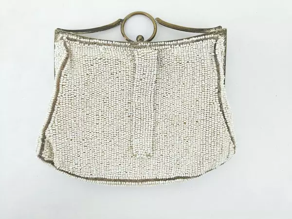 Vintage Art Deco Belt Purse Clutch Beaded White Metallic
