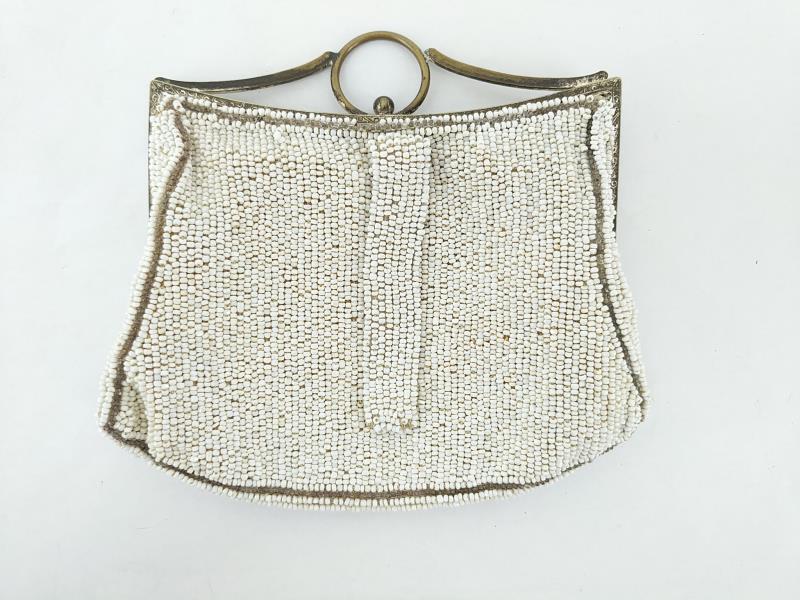 Vintage Art Deco Belt Purse Clutch Beaded White Metallic