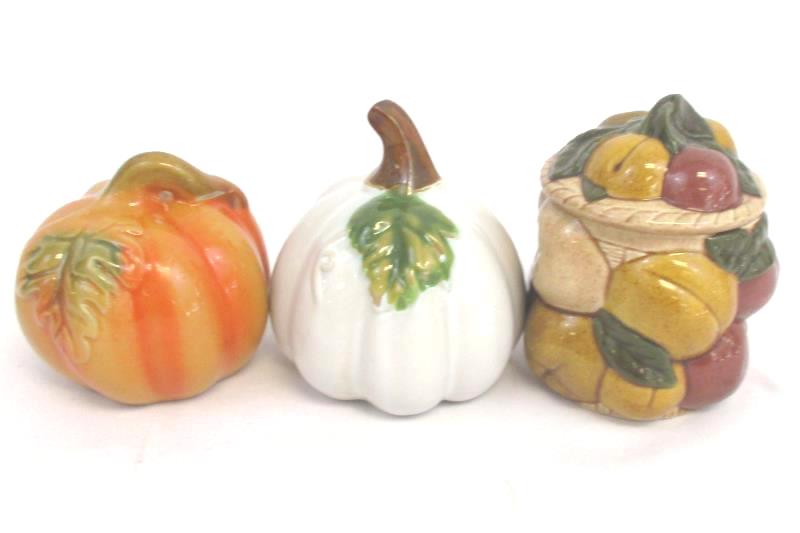 Lot of 3 Ceramic Decorative Orange White Pumpkin Lidded Candy Dish Fruit Design