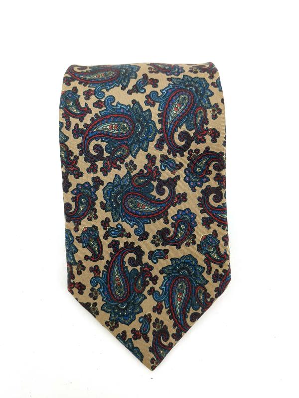 LORD AND TAYLOR Man's Shop Neck Tie Taupe with Blue and Red Paisleys 100% Silk