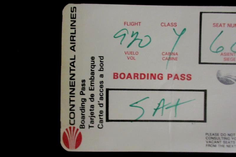Continental Airlines Vintage Boarding Pass Flight 920 Class Y Seat 6C Sat Dec 25