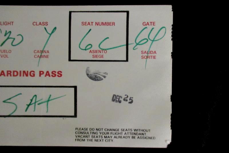 Continental Airlines Vintage Boarding Pass Flight 920 Class Y Seat 6C Sat Dec 25