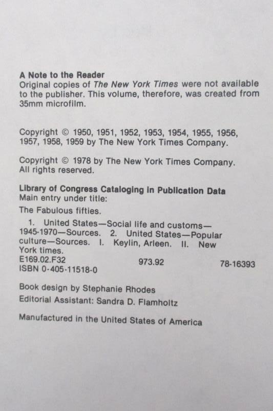 The Fabulous Fifties As Reported by The New York Times 1978 Hardcover