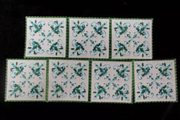 Lot of 12 Vintage Hallmark Coasters Green And Blue Holly And Gold Floral Light