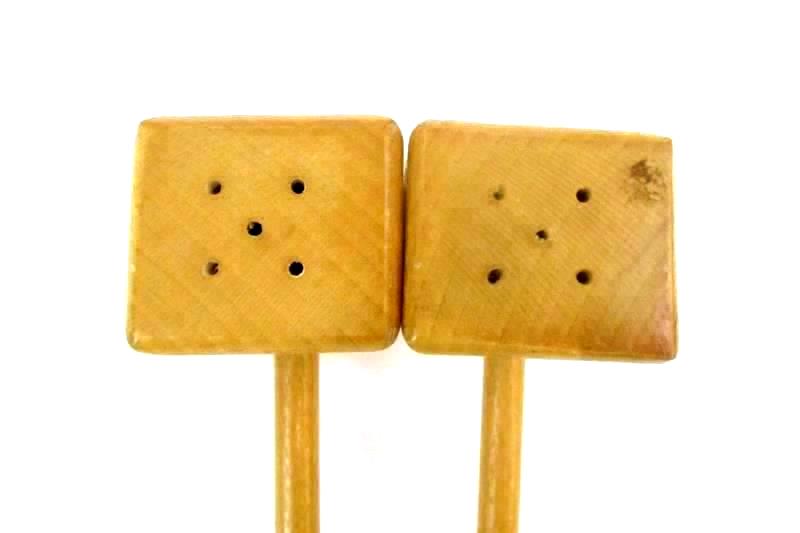 Vintage 1950s Wooden Salt & Pepper Shakers Servers Long Handles Natural Wood