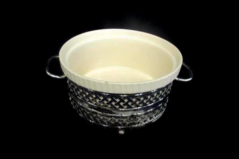 Vintage Oven To Tableware Off White Casserole Dish Silver Metal Holder England