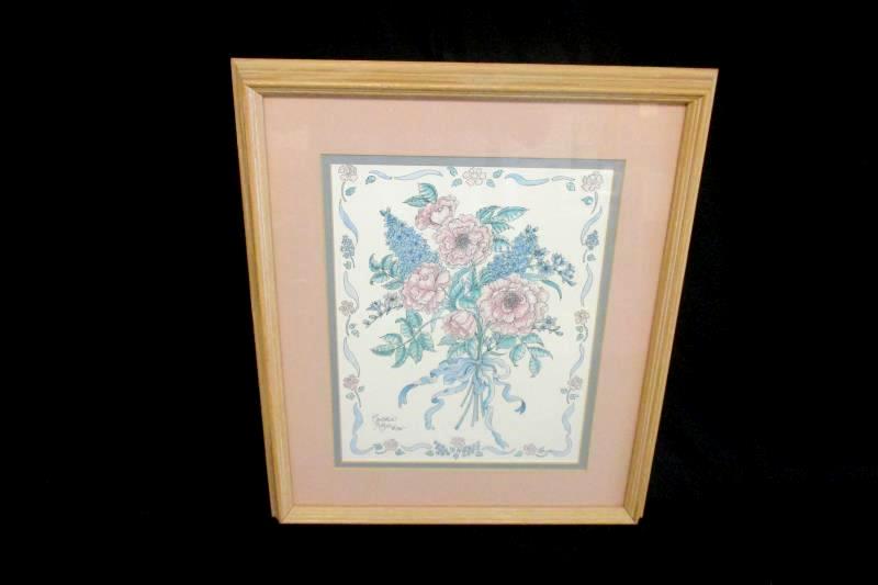 Oak Framed Matted Cynthia Kilzer 1985 Floral Litho Print Pink Blue Teal 18X15 In