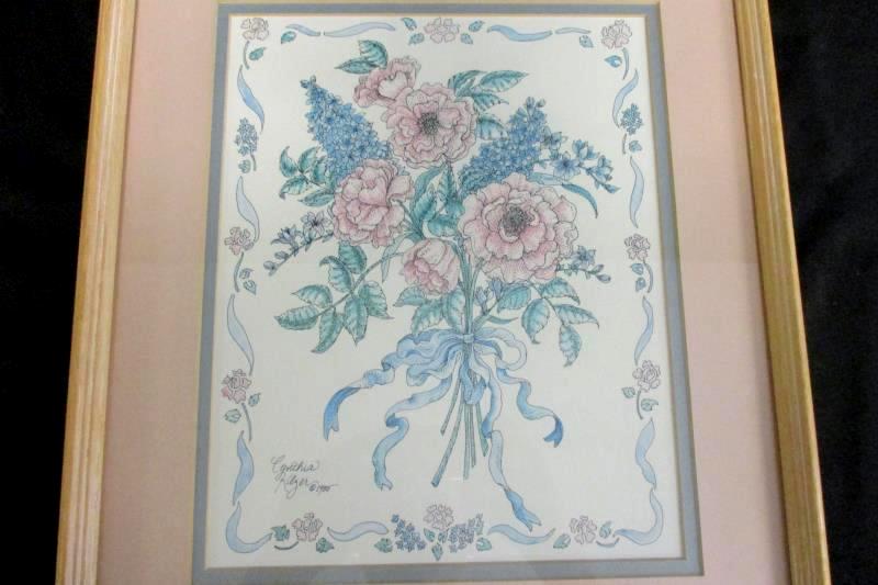 Oak Framed Matted Cynthia Kilzer 1985 Floral Litho Print Pink Blue Teal 18X15 In