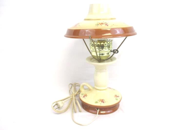 Vintage Ceramic Table Lamp Faux Oil Electric Leaf Print Cream Brown