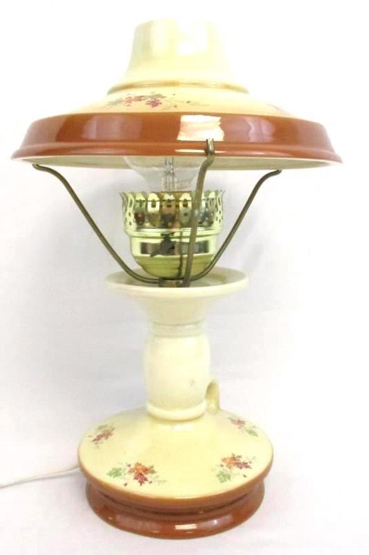 Vintage Ceramic Table Lamp Faux Oil Electric Leaf Print Cream Brown