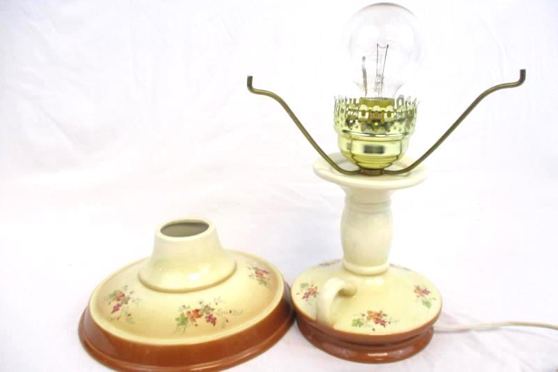 Vintage Ceramic Table Lamp Faux Oil Electric Leaf Print Cream Brown