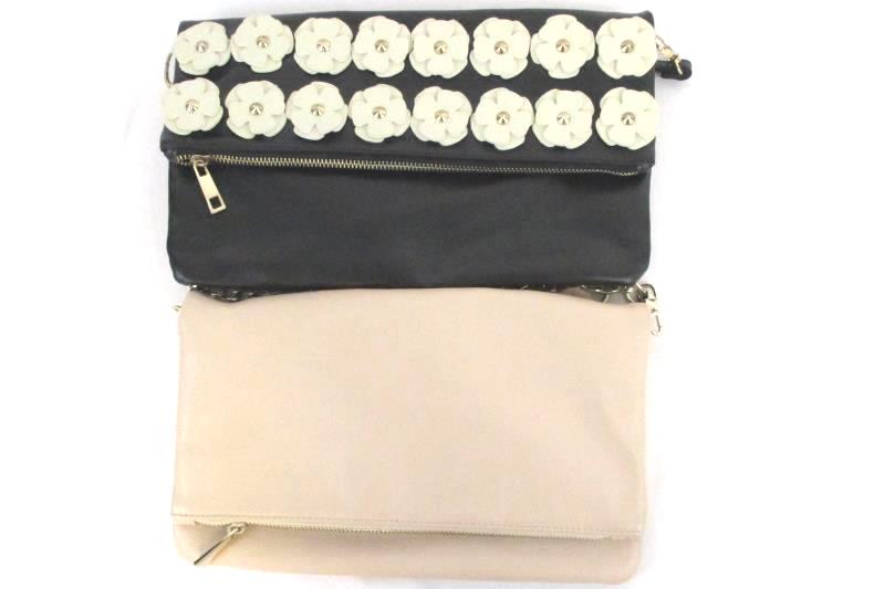 Lot of 2 Fold Over Magnetic Faux Leather Purses Express Cream Black Stud Flowers