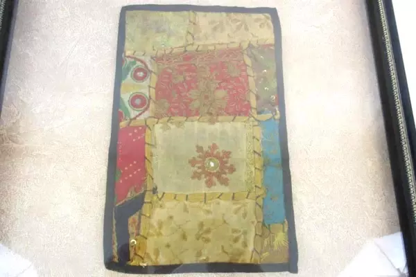 Antique Indian Bajara Embroidered Patchwork Tapestry Framed Floral Sequins