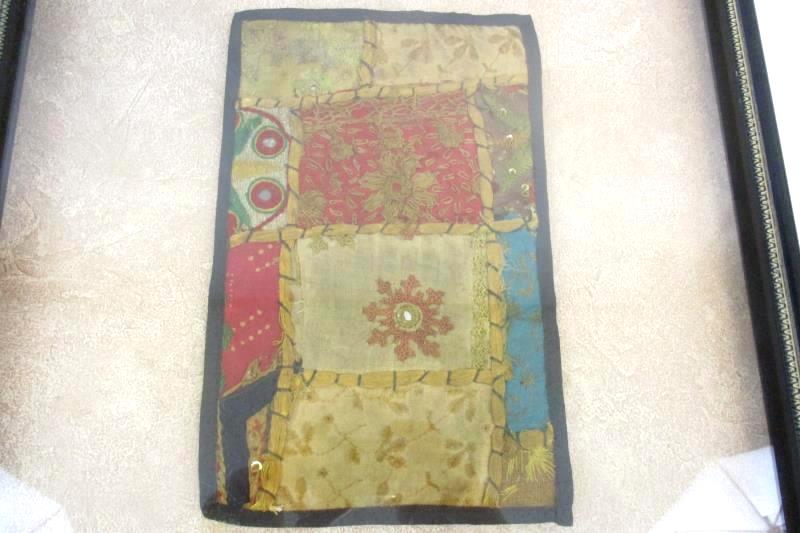 Antique Indian Bajara Embroidered Patchwork Tapestry Framed Floral Sequins