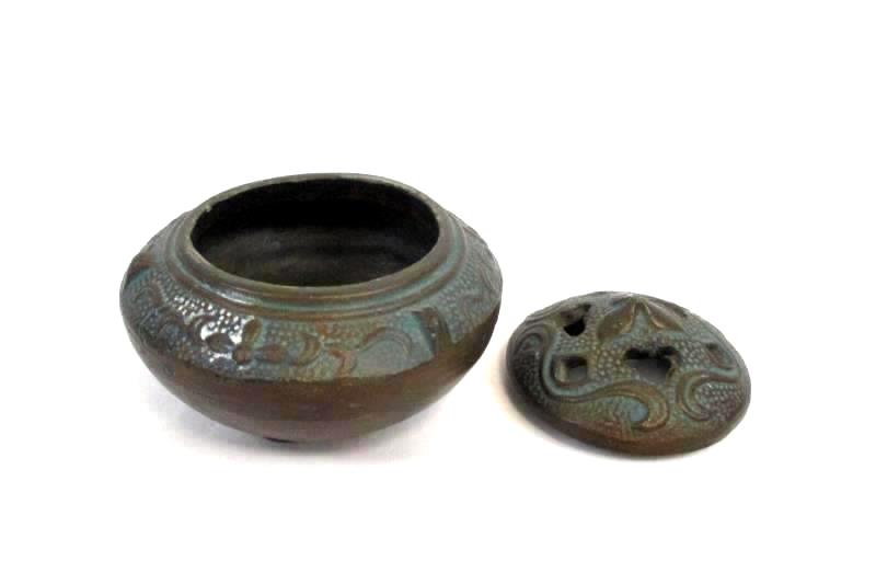 Lot of 2 Lightweight Metal Bronze Toned Dragon Vase Potpourri Bowl Decor Japan