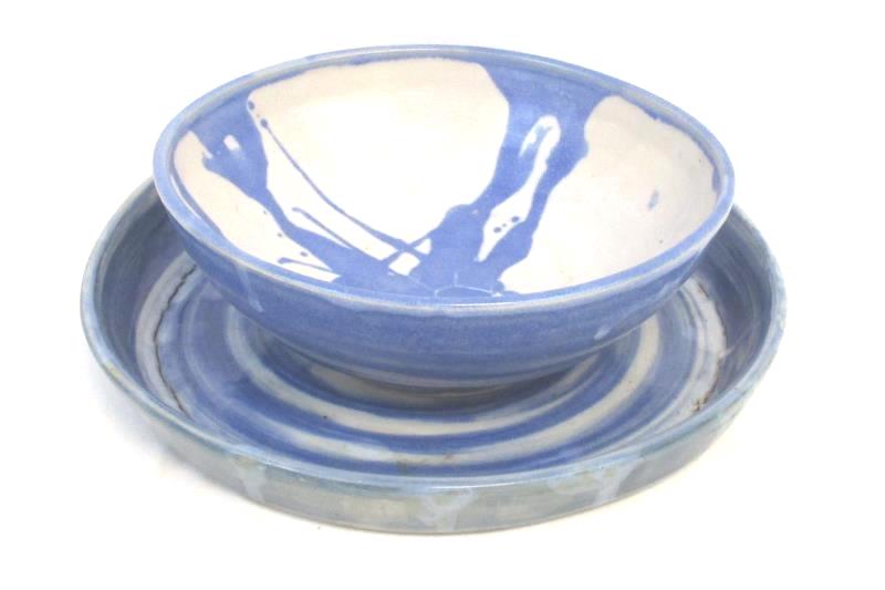 Lot of 2 Handmade Glazed Ceramic Pottery Bowl Planter Plate Blue White USA