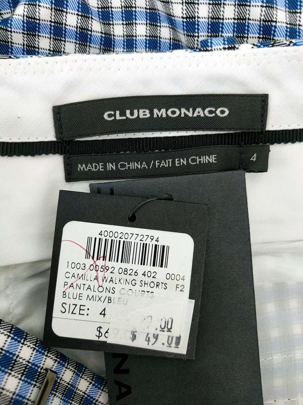 Club Monaco Camilla Walking Shorts Low Rise Blue Check Bermuda Womens Size 4
