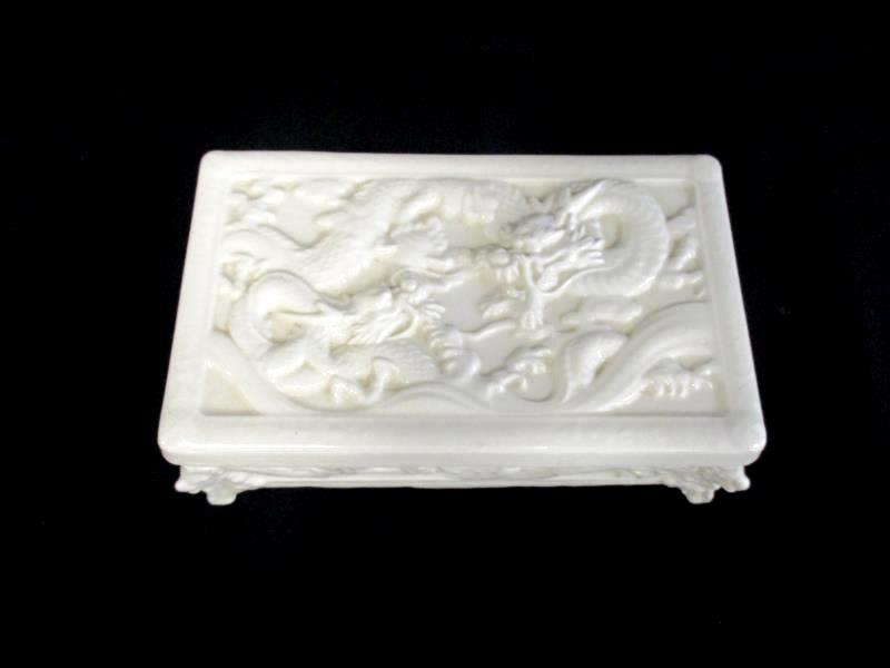 Vintage Porcelain Jewelry Box Asian Dragon Off White Footed 6.25 x 3.75in