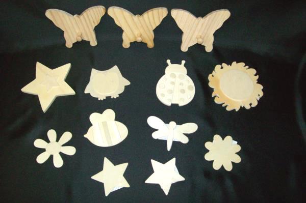 Lot of 13 Wooden Block Shapes - Bugs & Stars With Butterfly Coat Hanger