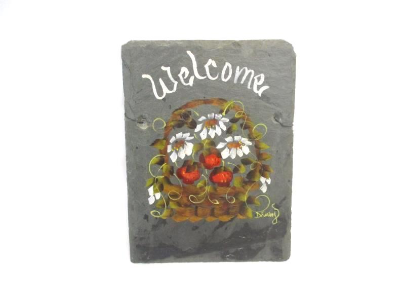 Hand Painted Slate Tile Welcome Basket of Flowers Signed D Ewing 12 x 9in