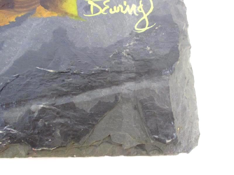 Hand Painted Slate Tile Welcome Basket of Flowers Signed D Ewing 12 x 9in
