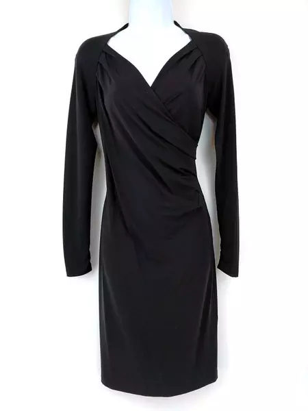 LAFAYETTE 148 Faux Wrap Wiggle Dress Surplice Black Stretch Long Sleeve Sz 2