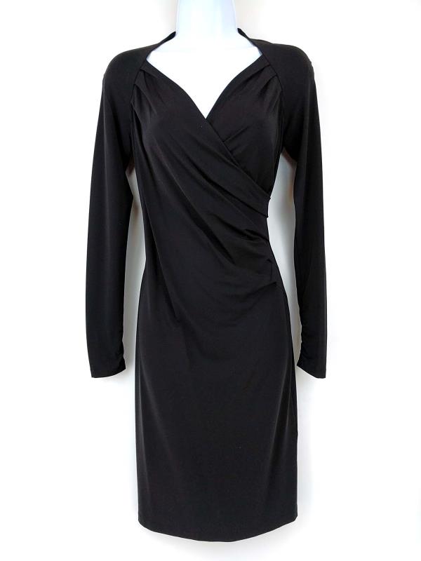 LAFAYETTE 148 Faux Wrap Wiggle Dress Surplice Black Stretch Long Sleeve Sz 2