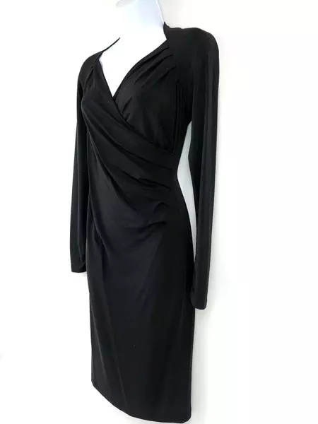 LAFAYETTE 148 Faux Wrap Wiggle Dress Surplice Black Stretch Long Sleeve Sz 2