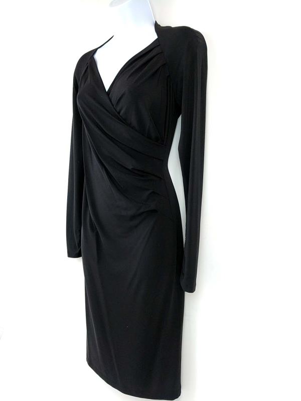 LAFAYETTE 148 Faux Wrap Wiggle Dress Surplice Black Stretch Long Sleeve Sz 2