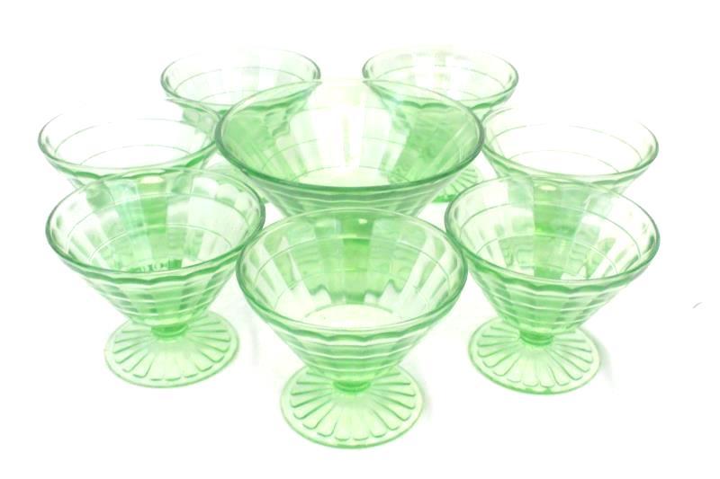 Lot of 8 Anchor Hocking Green Depression Glass Dessert Dishes and Serving Dish