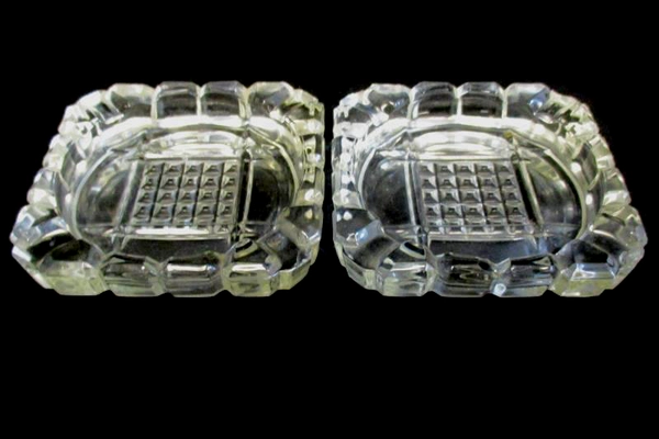 Lot of 2 Vintage Clear Glass Coaster Ashtray Textured Square Design Scallop Rim