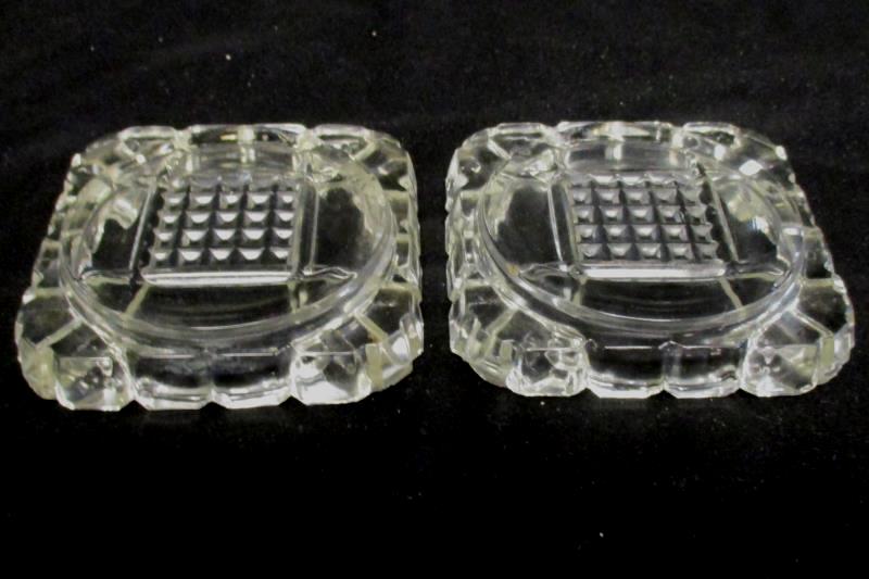 Lot of 2 Vintage Clear Glass Coaster Ashtray Textured Square Design Scallop Rim