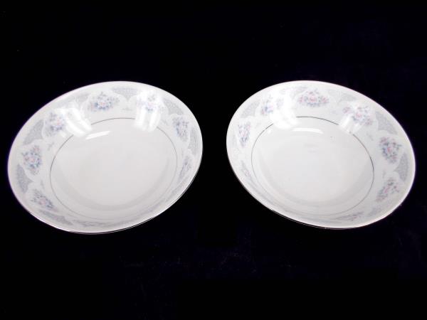 China Coupe Soup Bowls Pair: Pink Blue White Flowers Platinum ~Sapphire Silverie
