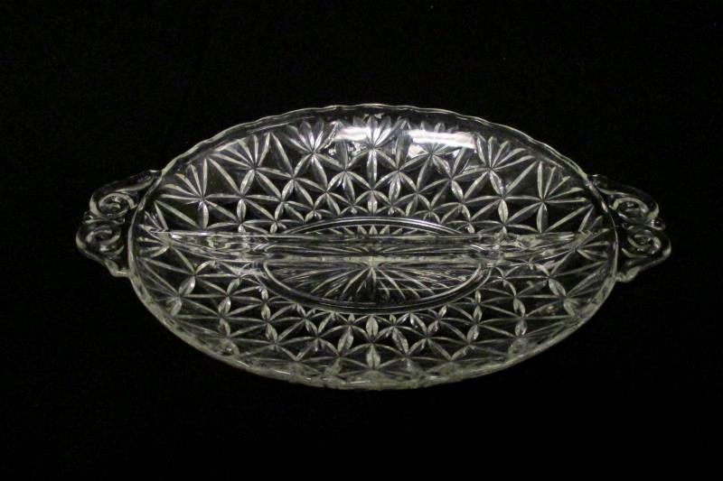 Vintage Glass Clear Divided Relish Dish With Handles Floral Fan Design