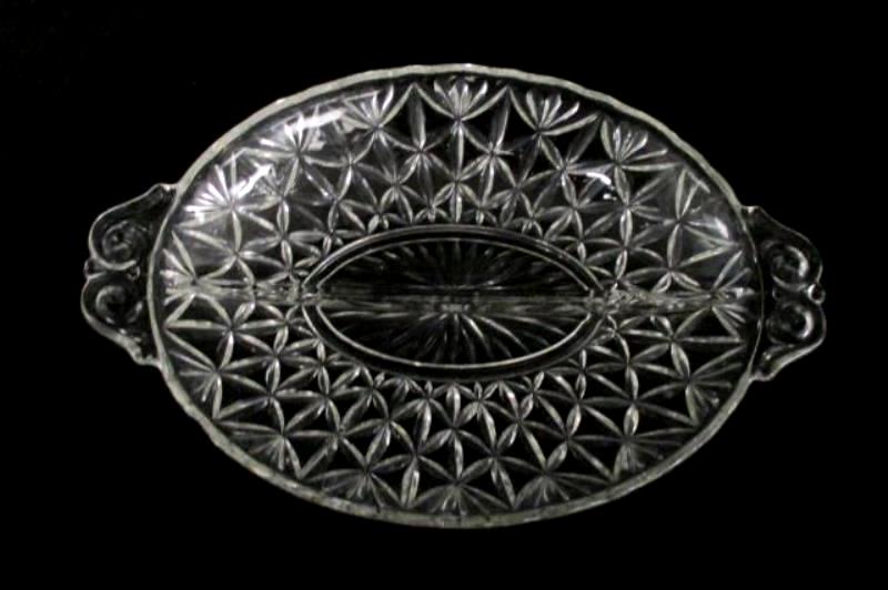 Vintage Glass Clear Divided Relish Dish With Handles Floral Fan Design