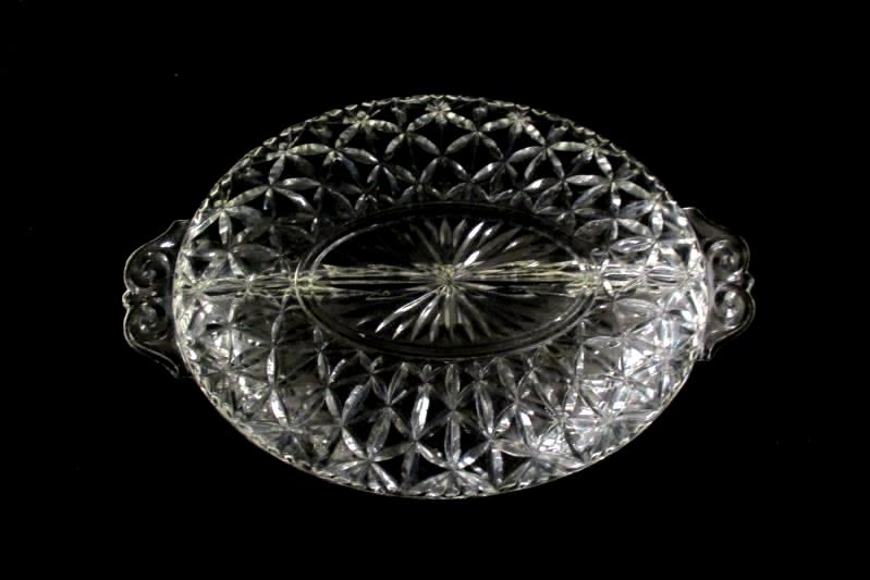 Vintage Glass Clear Divided Relish Dish With Handles Floral Fan Design