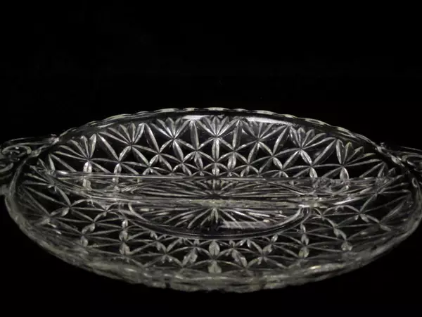 Vintage Glass Clear Divided Relish Dish With Handles Floral Fan Design