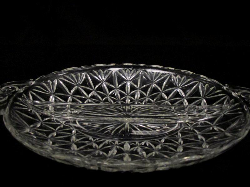 Vintage Glass Clear Divided Relish Dish With Handles Floral Fan Design
