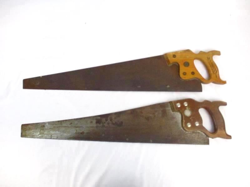 Lot of 2 Vintage Handsaws Warranted Superior Atkins Wheat Wood Handles