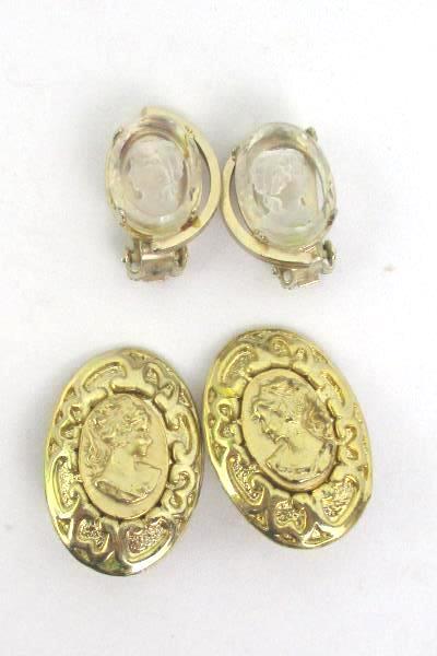 Victorian Cameo Earrings Clip On 2 Pairs Glass Gold Tone Brass Costume Jewelry