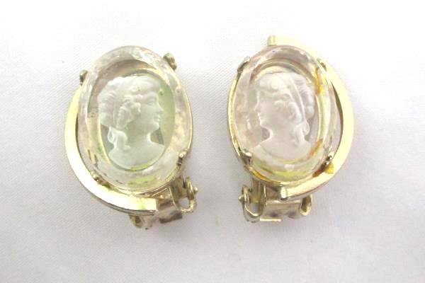 Victorian Cameo Earrings Clip On 2 Pairs Glass Gold Tone Brass Costume Jewelry