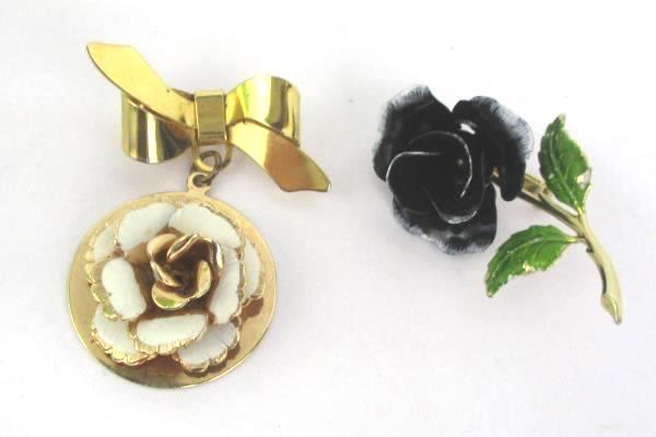 2 Gold Tone Flower Brooch Pin & Pendant White Black Rose Bow Ribbon Vintage