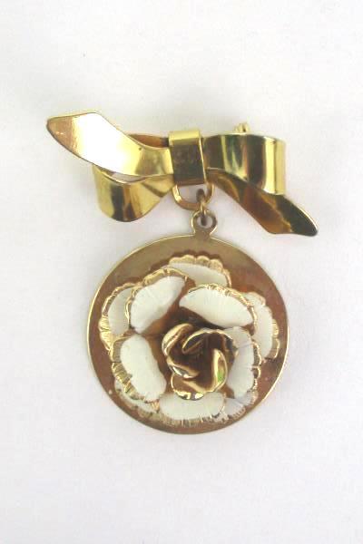 2 Gold Tone Flower Brooch Pin & Pendant White Black Rose Bow Ribbon Vintage