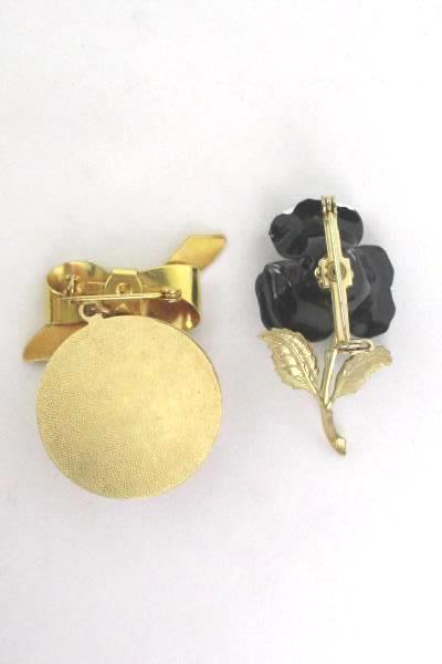 2 Gold Tone Flower Brooch Pin & Pendant White Black Rose Bow Ribbon Vintage