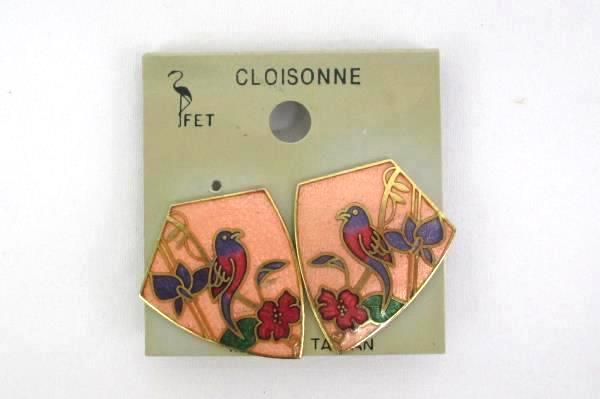 Vintage Cloisonné Clip On Earrings Guilloché Enamel Bird Tropical Flowers NEW