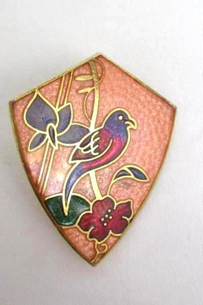 Vintage Cloisonné Clip On Earrings Guilloché Enamel Bird Tropical Flowers NEW