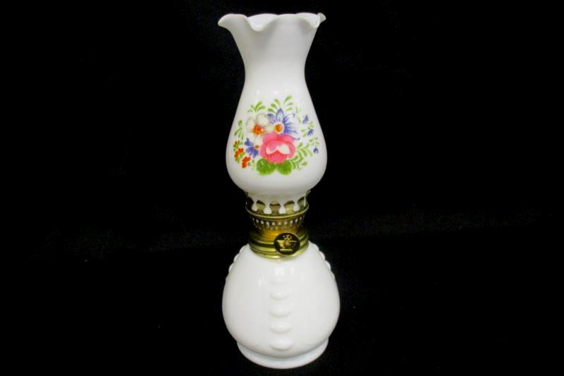 Vintage Oil Lamp Small White Glass Brass Hardware Painted Floral Design